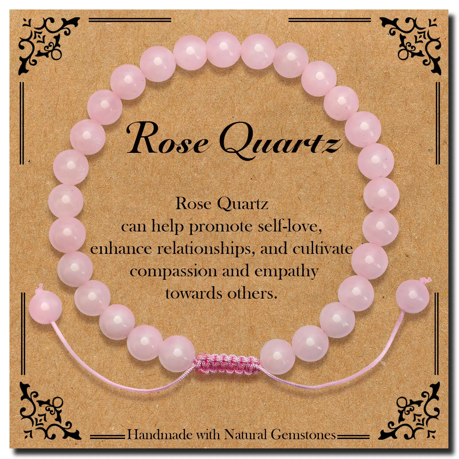 Braided Genuine Pink Quartz - Stone of Love - Bracelet, Elegant Handcrafted Natural Gemstone Crystal Bracelet Healing Power Energy Inspirational Gifts with Card for Unisex, Crystal Quartz Bracelets & Bangles, Gemstone Crystal Specimen Bracelets & Bangles