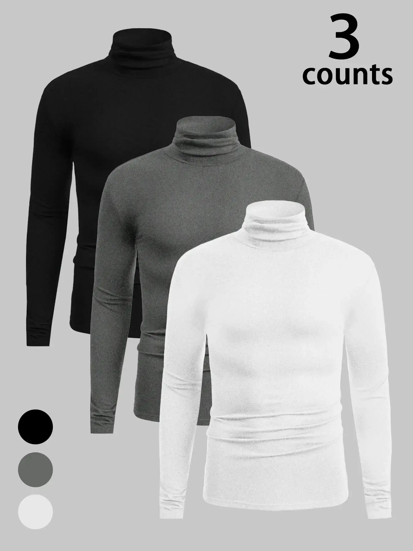 Men's Casual High Neck Thermal Top Set, Classic Colors, Fitted Home Wear, Fall & Winter Clothing, 3 Piece, Plain, Thermal Menswear, Knitted Turtleneck