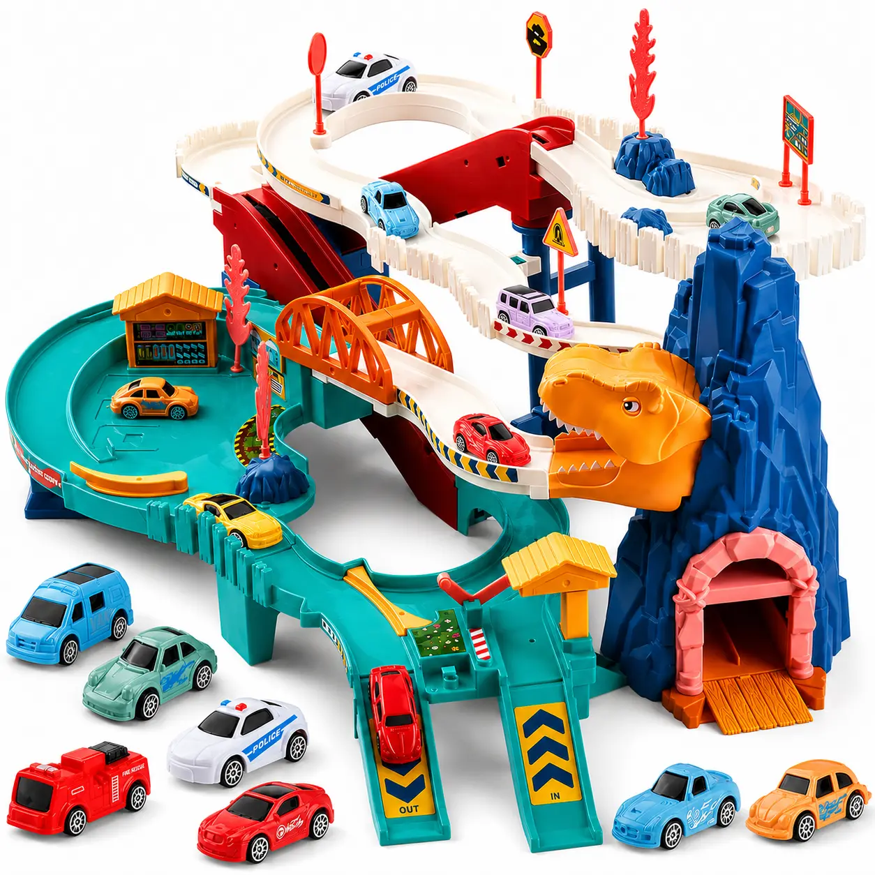 Dinosaur Race Track Set for Kids, Electric Ramp Track Playset with Mini Cars, Dinosaur Tunnel, Bridge, Traffic Signs & Multi Level Sliding Road Toy