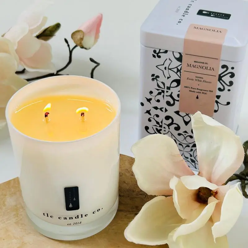 TLC Candle Co. "Magnolia" Aroma Hand Poured 11Oz Jar Candle in Vintage Tin, Scented Natural Soy Wax and Essential Oil Blended Fragrances, 2 Wicks, 60 Hour Burn Time, Made in the USA for Home Decor Soywax Candles