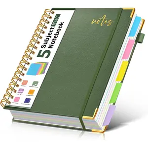 5 Subject Spiral Notebook Journal with Removable Dividers Tabs, 300 Pages Organizer Notebooks for Work School, 8"x10" Hardcover Leather Notebook College Ruled, Large Lined Journal for Women Men,Green