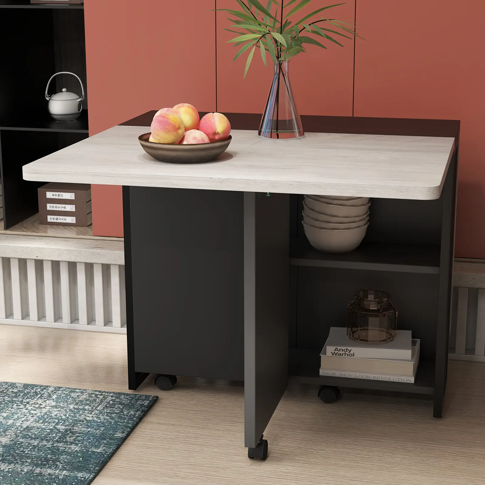 Space-Saving Folding Dining Table – Drop Leaf Rectangle Table with 2-Tier Storage Shelves & 6 Wheels – Expandable Design for Kitchen, Dining Room, Small Spaces and Apartments