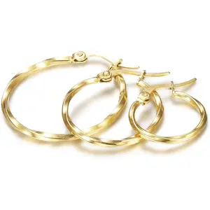 FLORIDECO 3Pairs Stainless Steel Small Hoop Earrings Set Twisted Gold for Women 15-25mm Daily