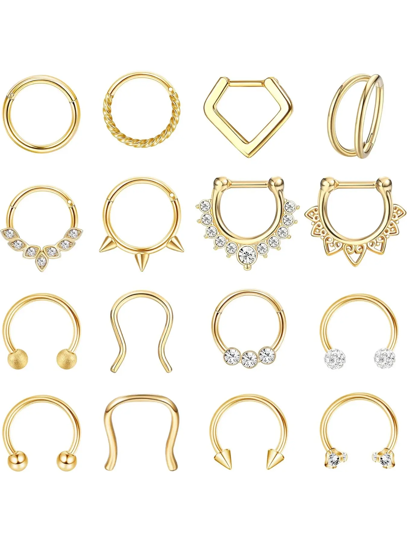 Hypoallergenic Septum Rings 16G 8mm Steel Clicker Rhinestone Nose Rings Hoops Set Small Lip Cartilage Helix Pierced Ring Daith Piercing Jewelry for Women Men 16 Pcs Gold Plated Silver Black