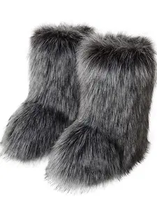 1 Pair Random Sole Color Women's Street Fashion Fluffy Fur Boots, Women Shoes, Simple Soft and Warm Mid-calf Boots for Autumn and Winter, Casual Thick Sole Slip-on Boots for Cozy Winter Outfit Decor, Fall Winter Footwear