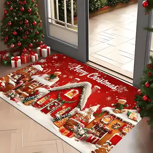 Large Gingerbread House Christmas Door Mat with Gingerbread Cookie & Snowy Village Design - Plush Soft Indoor/Outdoor Welcome Mat, Machine Washable Heavy-Duty  Mat for Front Door, Farmhouse, Kitchen, Living Room - Red & White Winter Holiday Decor