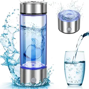 Sports Water Bottle Hydrogen Water Generator Bottle, 14 Oz Portable Hydrogen Water Bottle with SPE and PEM Technology, Rechargeable Portable Glass Hydrogen Rich Water Generator Bottle Silver Color