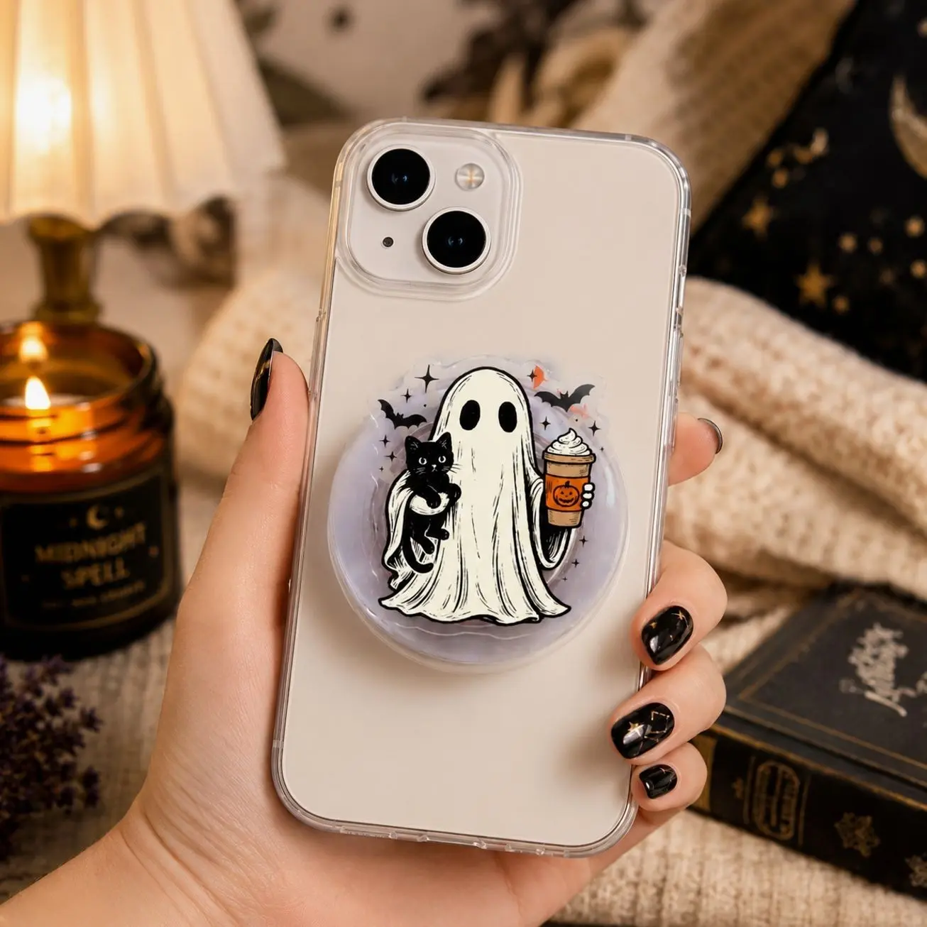 Cute Ghost Cat Magnetic Phone Grip Stand, Halloween MagSafe, Leopard Bow Pumpkin Phone Holder, Spooky Kindle Grip, Fall Gift