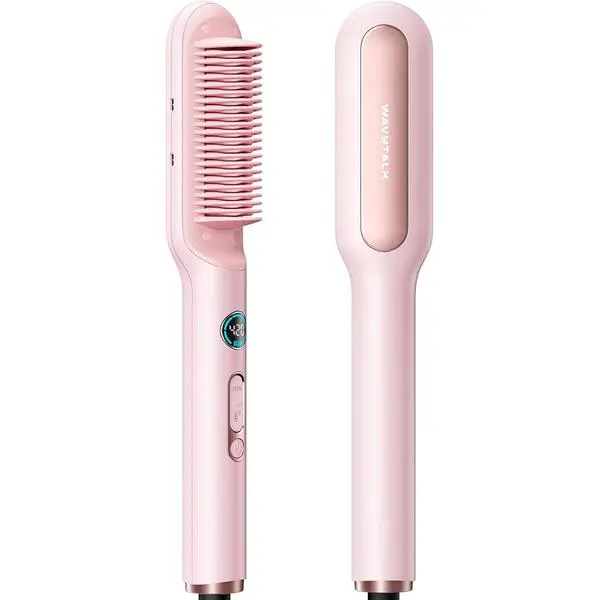 Wavytalk Hair Straightener Brush, Sleek Sweep Ionic Straightening Brush | Anti-Scald Ceramic Straightener Comb with LED Display for Super Smooth hair, Dual Voltage, Pink.
