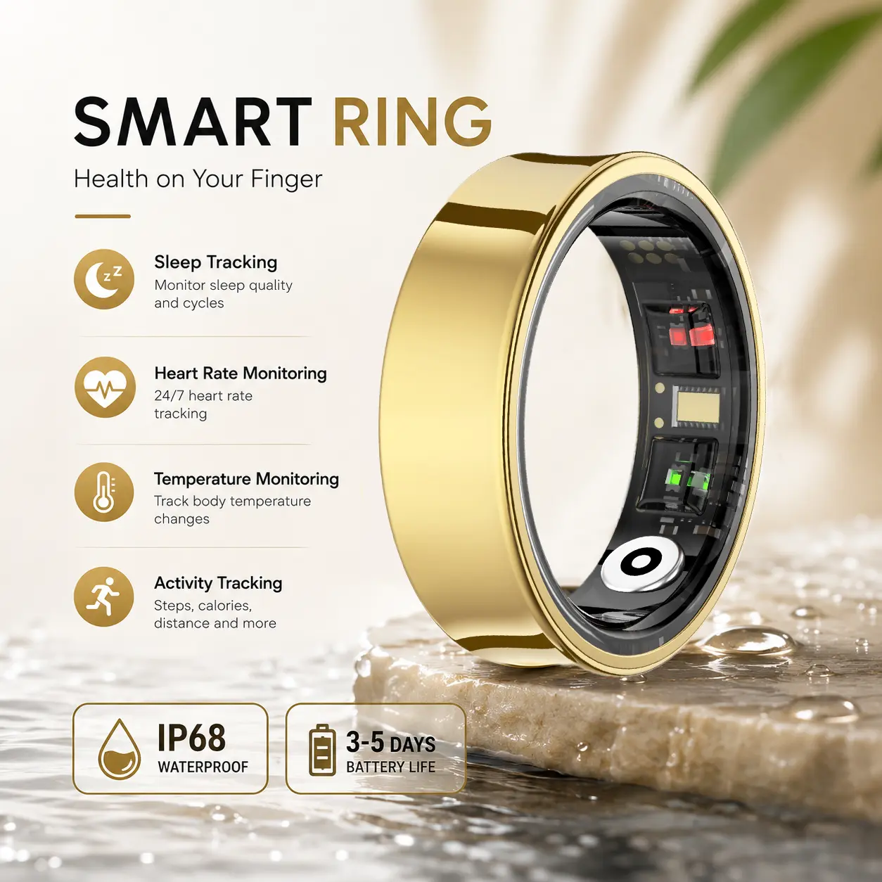 Smart Ring | Fitness Tracker – Heart Rate Skin Temperature Sleep Stress Cycle Tracking | Auto Activity Detection | Unisex | No Subscription | Android/iOS