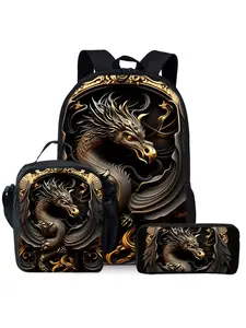 Three-piece set of black and gold dragon printed backpacks, including a lunch bag, pencil case, and backpack