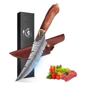 ROCOCO Feather Pattern Viking Boning Knife, Hand Forged Butcher Cleaver with Sheath, Ideal for Kitchen, Outdoor, Camping, BBQ, Collection & Gift