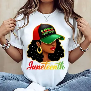 Juneteenth 1865 Black Woman With Hat And Stars Print Short-Sleeve Round Neck T-Shirt, White Casual Loose-Fit Streetwear Top for Everyday Wear & Sports Activities
