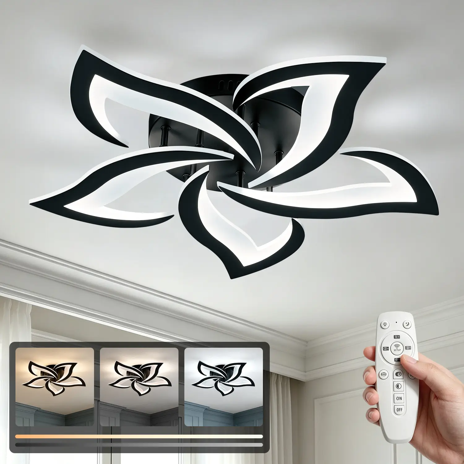 Modern LED Ceiling Light, 25 Inch Black Flower Shape Flush Mount Ceiling Lamp, 3 Color Temperature 3000K-6000K Stepless Dimmable, App Control Ceiling Light for Bedroom Living Room Dining Room, Built-in LED,home decor