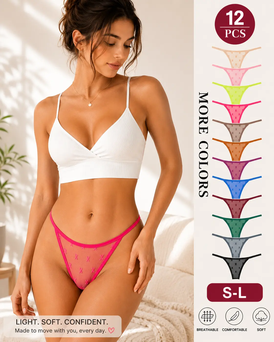 Women's 12-Pack Multicolor Stretchy Lace High-Waisted Thong Panties - Soft, Lightweight, Breathable, No-Show, Comfortable, Sexy, Relaxed Fit Cotton Fabric, S-L Sizes, Compatible with Leggings & Bodycon Outfits, Birthday Wear, Everyday, Wedding