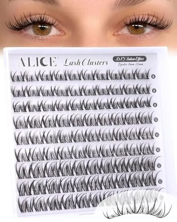 ALICE Lash Clusters Natural Wispy Eyelash Clusters 8-12mm Short Spider Cluster Eyelash Extensions DIY Lash Extensions CC-Curly Invisible Band Individual Spider Lashes