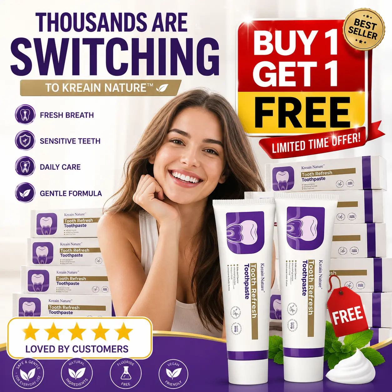 Kreain Nature Daily Care Toothpaste Buy 1 Get 1 Free, Fresh Breath Support, Gentle Formula, Oral Hygiene Toothpaste for Everyday Use