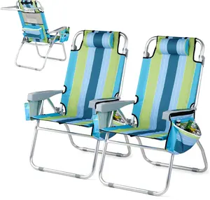 VINGLI Tall Beach Chair 2 Pack, with 5-Position, Cooler Bag, Cup Holders, Towel Bar, Lightweight Folding Beach Camping Chairs for Adults