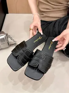 Women's Casual Square Toe Sandals, Summer Outdoor Wear, 2026 New Flat Anti-Slip Fashion Beach Slippers, Versatile and Stylish
