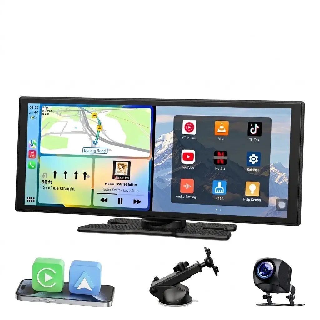 LAMTTO 10.25-Inch Wireless CarPlay Screen — Supports TikTok, Netflix, and YouTube Apps, Split-Screen App Usage, Backup Camera Support, Navigation, and Voice Assistant. Compatible with iOS 10+ and Android 11+ sohochic