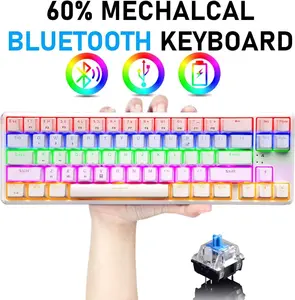 Wireless Mechanical Gaming Keyboard,60% Ultra-Compact Blue Backlit Rechargeable Bluetooth Dual Wired/Wireless Blue Switches macaron Keyboard