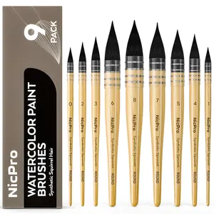 Nicpro Professional Watercolor Paint Brushes with Nylon Bag, 9 Pack Mop Paintbrush, Round Synthetic Squirrel Hair, Bulk Paint Brushes for Watercolor Painting, Gouache, Acrylic, Oil, Wood Color