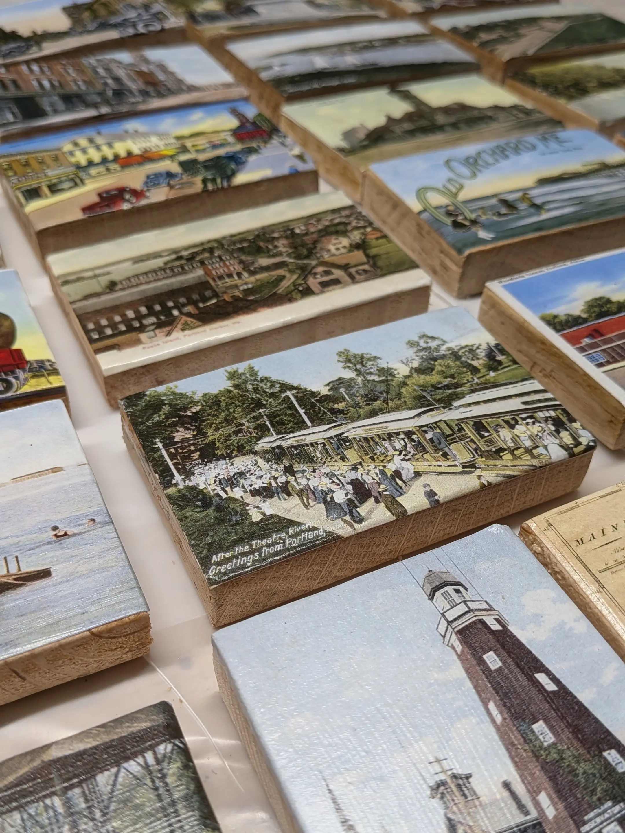 Vintage Maine Postcard Art Blocks – Handmade Reclaimed Wood Decor Featuring Historic Maine Locations & Scenes