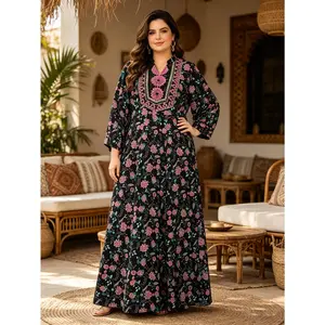 Women's Plus Size Soft Smooth V Neck Embroidered Floral A-Line Flowy Lightweight 3/4 Sleeve Dress, Versatile Breathable Fabric Plus Size Skirt for Casual & Vacation, Slimming Elegant Bohemian Print Outfit