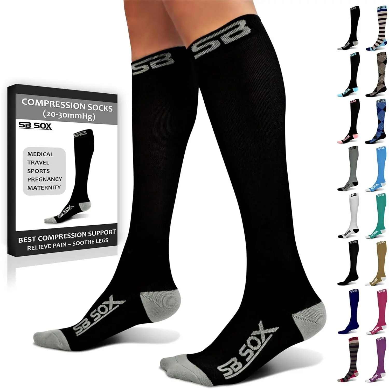 SB SOX 20-30 mmHg Compression Socks for Men & Women - Top Support Stockings for Travel, Medical Use & Sports - Ideal for Everyday Wear, Compression Socks Women
