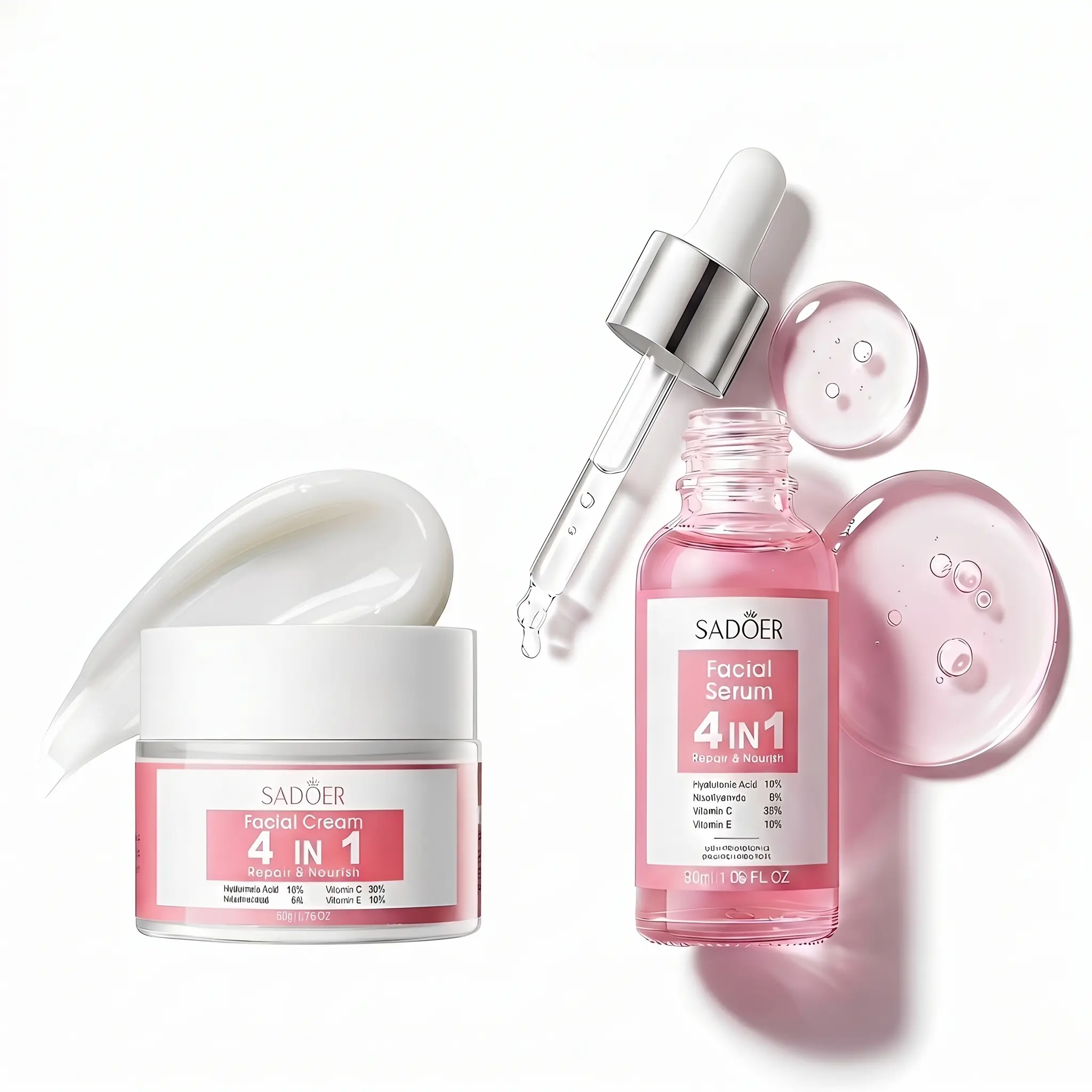 4-In-1 Nourishing Skincare Kit - Hydrating Facial Serum & Moisturizing Face Cream Bundle Infused With Hyaluronic Acid, Niacinamide, Vitamin C, Vitamin E - Deep Moisture, Texture Smoothing & Daily Nourishment For All Types