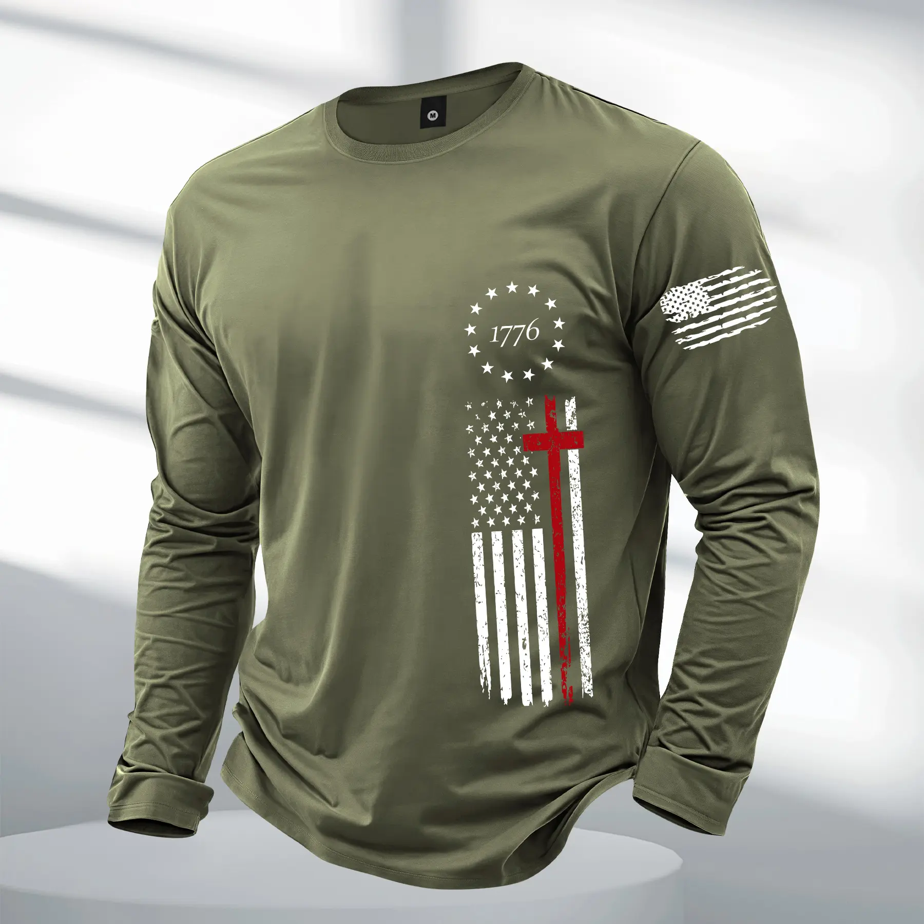 Men's Long-Sleeve Graphic T-Shirt - Casual Streetwear with 1776 American Flag Print, Round Neck, Fitted Cut, Elegant, Outdoor Ready, All-Season Menswear Fashion Tops