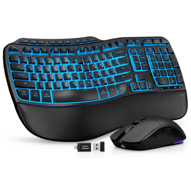 SABLUTE MA31 Ergonomic Wireless Keyboard & Mouse Combo Rechargeable 4000mAh Backlit Soft Faux Lambskin Palm Rest Wave Keys for Natural Typing Compatible Windows Mac Chromes OS Pastel Color(non-bluetooth)