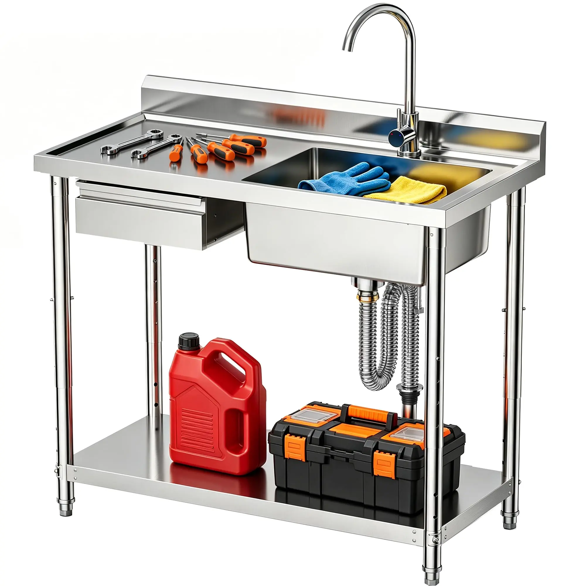 【Back To School】CAMMOO 4-Height Adjustable 39" Utility Sink 18/8 Stainless Steel, 400lb Capacity & Storage Drawer, Heavy-Duty Freestanding Laundry Sink Workstation for Garage, Kitchen, RV, Basement campingessentials