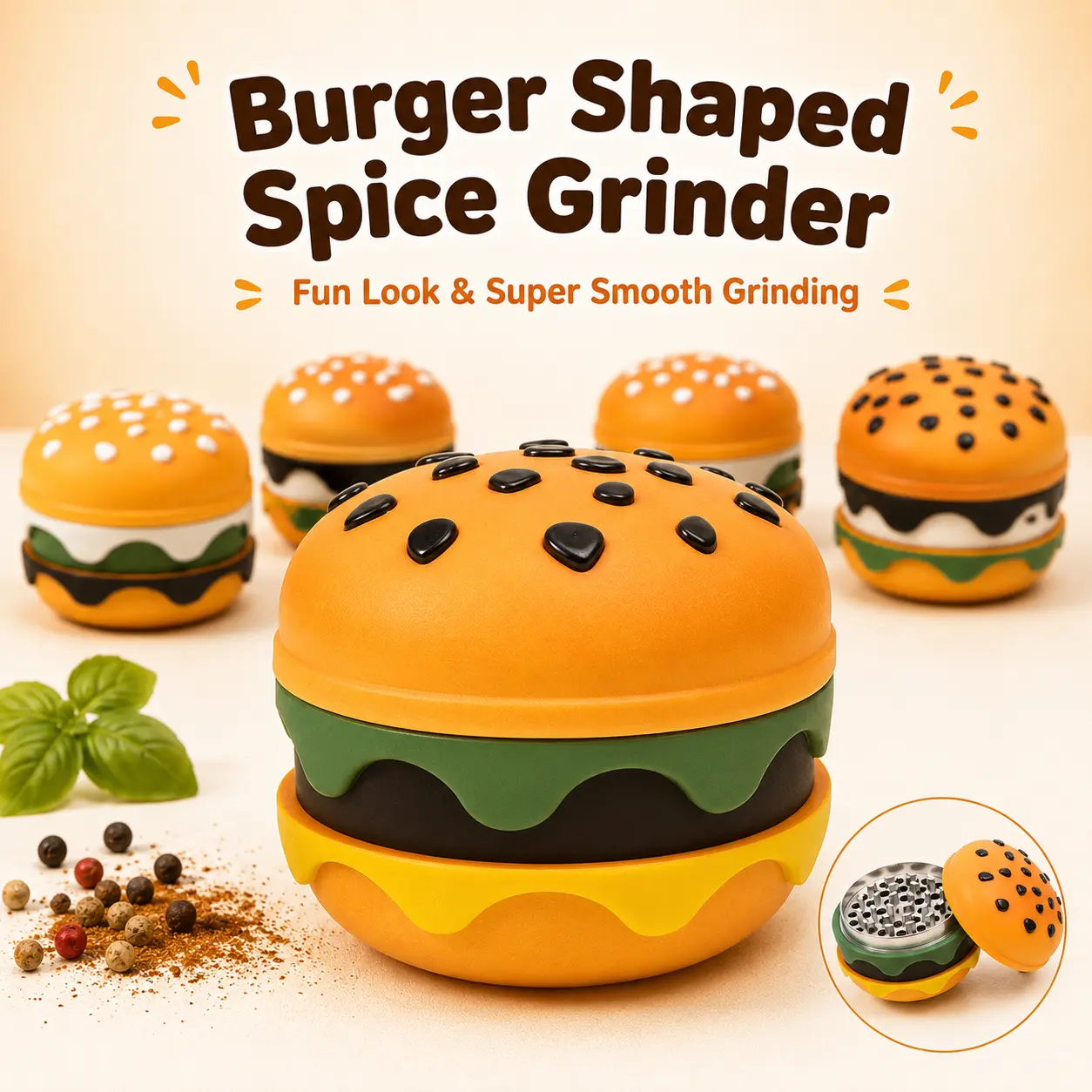Crush Spices in Style! Burger-Shaped Pepper Mill – No Clog, Food-Grade Resin, Also a Cool Desk Decor