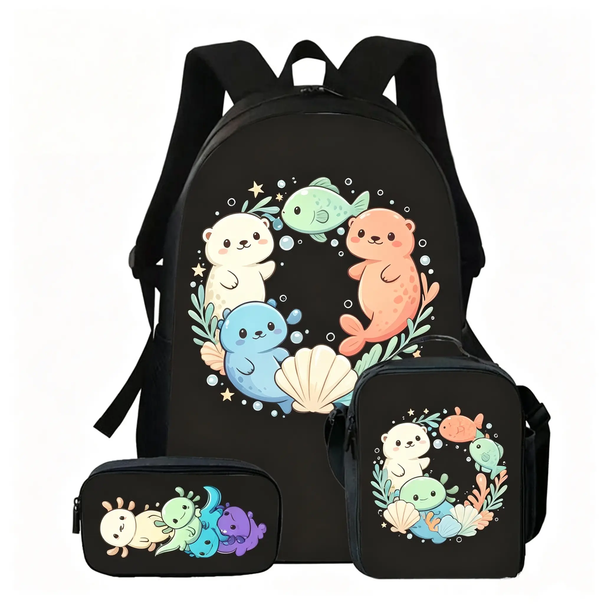 Girls' 3-in-1 Kawaii Ocean Marine Animal Backpack Set - Back to School Haul, Lightweight Water-Resistant Polyester, Insulated Lunch Bag, Matching Axolotl Stationery Pencil for Elementary Sea Creature Fans, Matching Lunch Bag and Set Backpacks, Large Capac