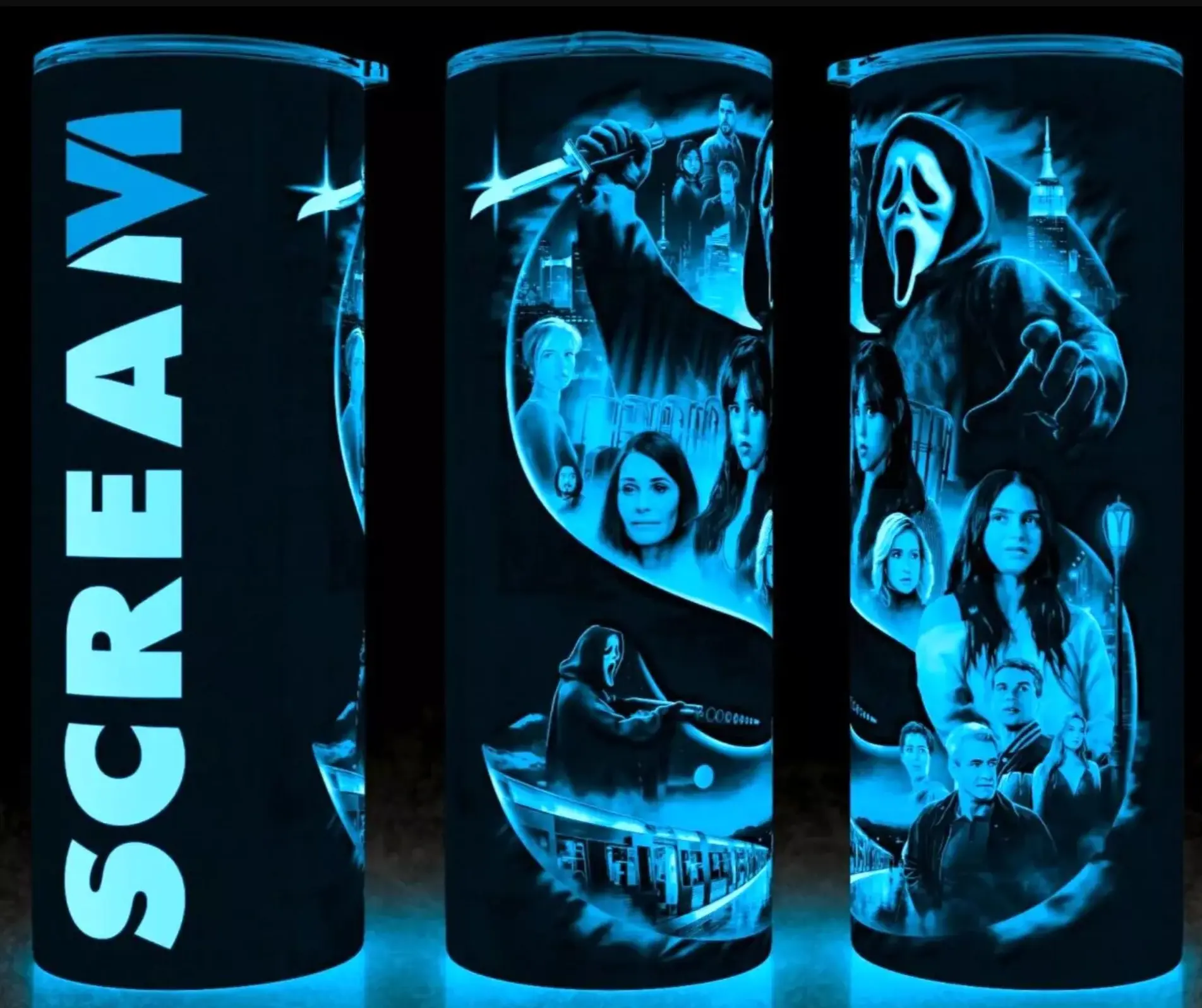 Glow in the Dark Scream 90s Ghostface Horror Movie Cup Mug Tumbler Cup 20oz Stainless Steel, Insulated, Durable, Reusable,  Perfect for Scary Movie Fans.