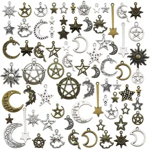 WOCRAFT 100g(About 76pcs) Craft Supplies Small Antique Bronze Silver Sun Moon Star Charms Pendants for Jewelry Making Findings Crafting Accessory for DIY Necklace Bracelet (M206)