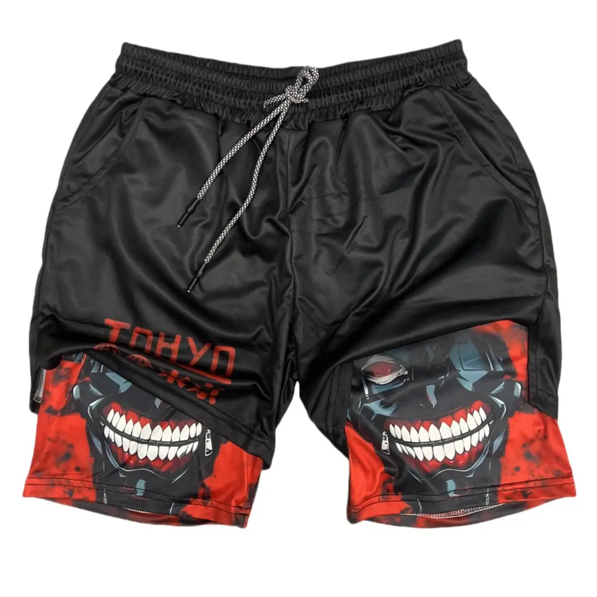 Tokyo Ghoul - Ken Kaneki 2-in-1 Athletic Shorts Black Unisex Sports Double-Layered Inner Shorts Drawstring Design Men Women Basketball Shorts Pocket