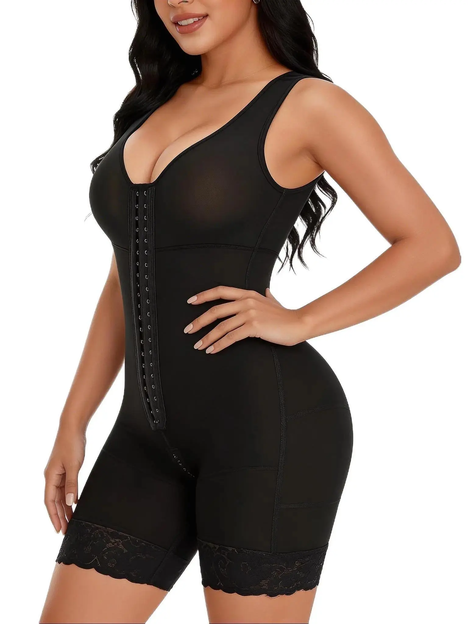 Women's Solid Open Bust Body Shaping Bodysuit Shapewear - Soft Nylon, High Waist, Compression, Tummy Control, Butt Lifter, Adjustable Straps, Zip Access, Lace Trim, Silicone Stays Put, Fits All Bra Types, Hand Wash Only