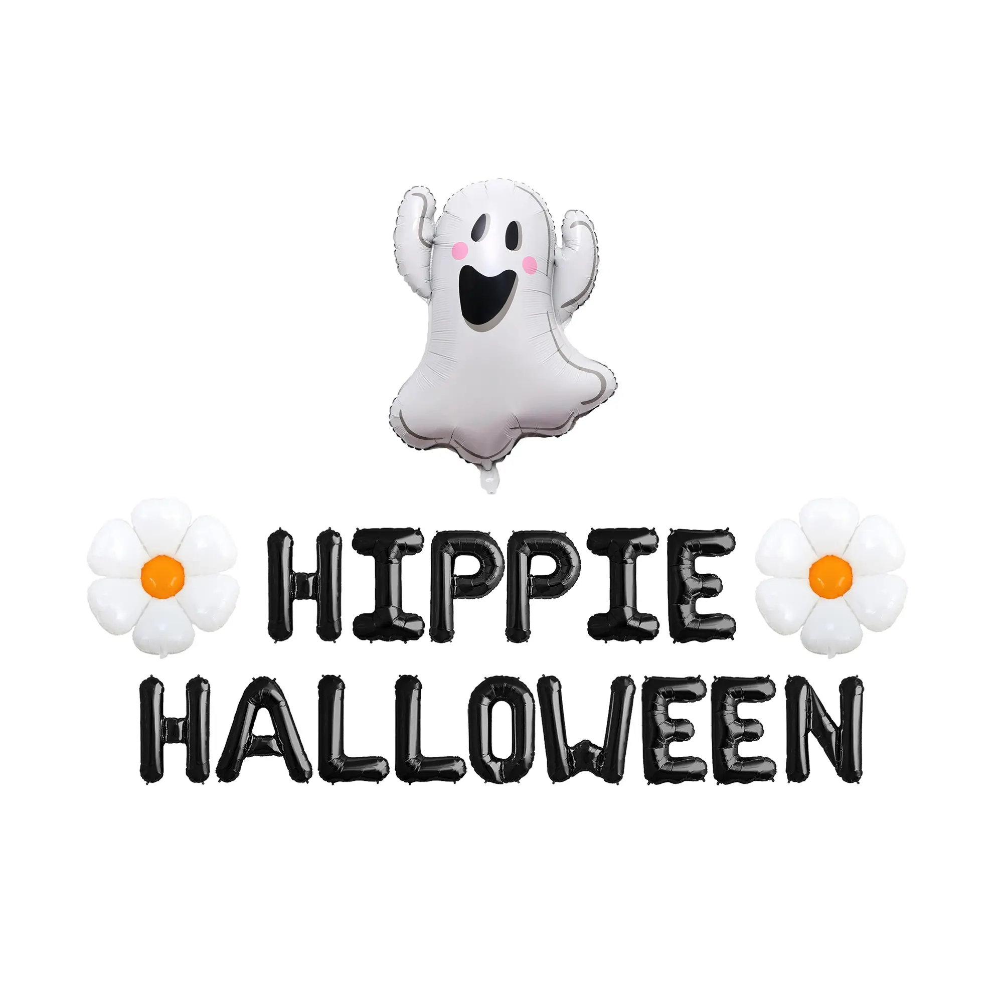 Hippie Halloween Balloon Banner - Boo Ghost Balloon, Witch Balloon, String & Straw Included