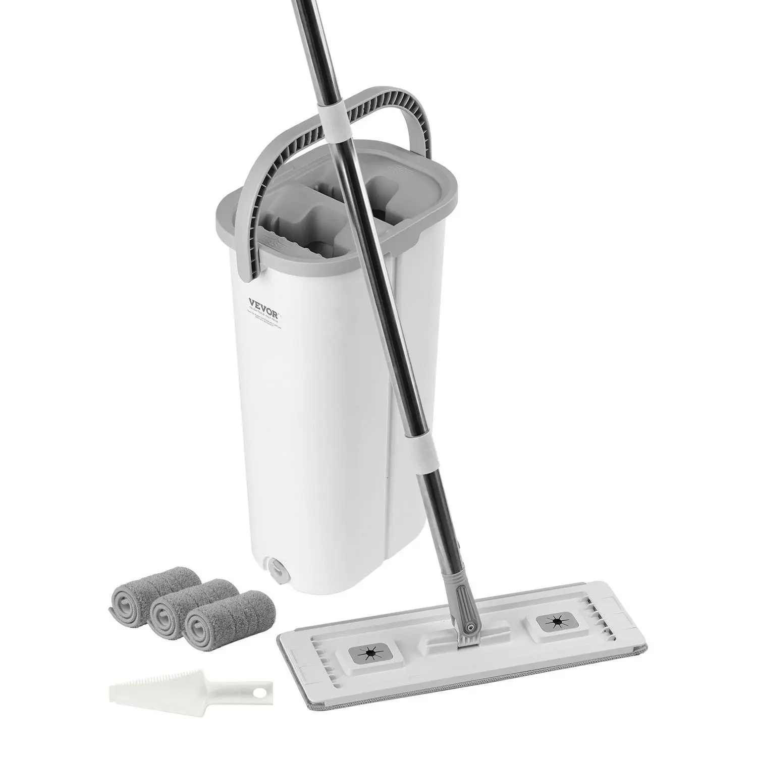 【toolupgrade】VEVOR Wet & Dry Flat Mop and Bucket Set with Wringer - Stainless Steel Handle, 3 Washable Microfiber Pads, Slim Removable Design, 30° Auto Rebound, Dual-Chamber, Floating Scraper, Easy Pull Cleaning Supplies for Hardwood, Tile