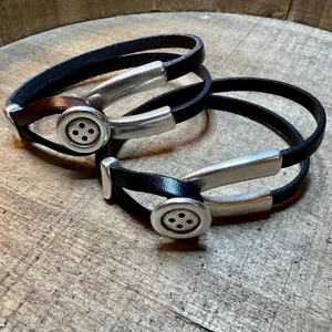 Black Leather Wrap Bracelet with Silver Button Cuff – Coraline Inspired Accessory