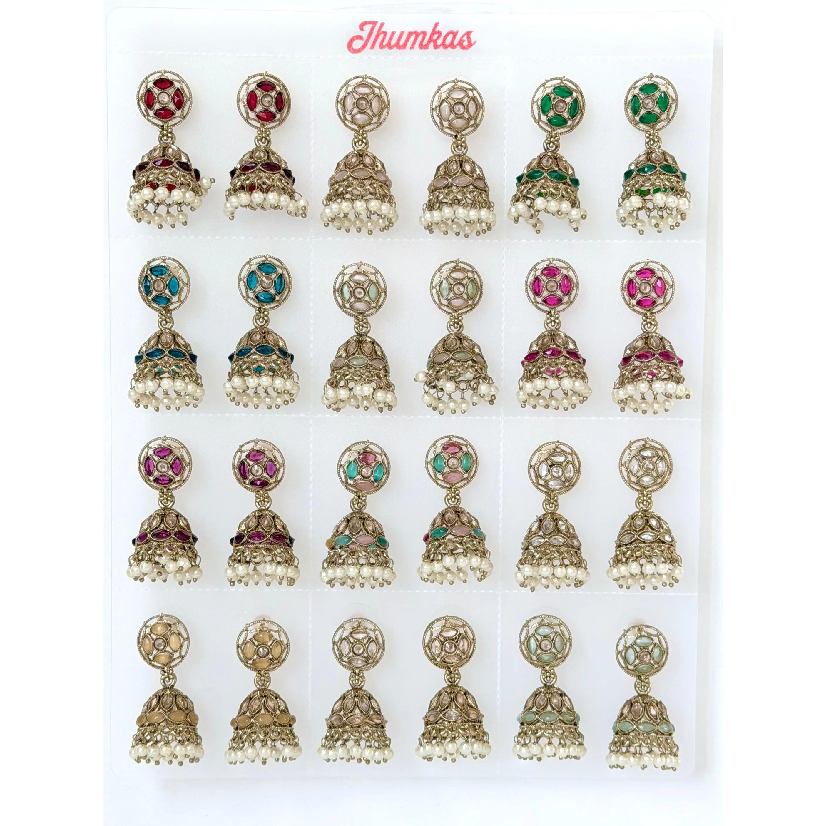 Polki Small Jhumka Pack - 12 Colors Traditional Indian Jewelry with Elegant Pearl Details