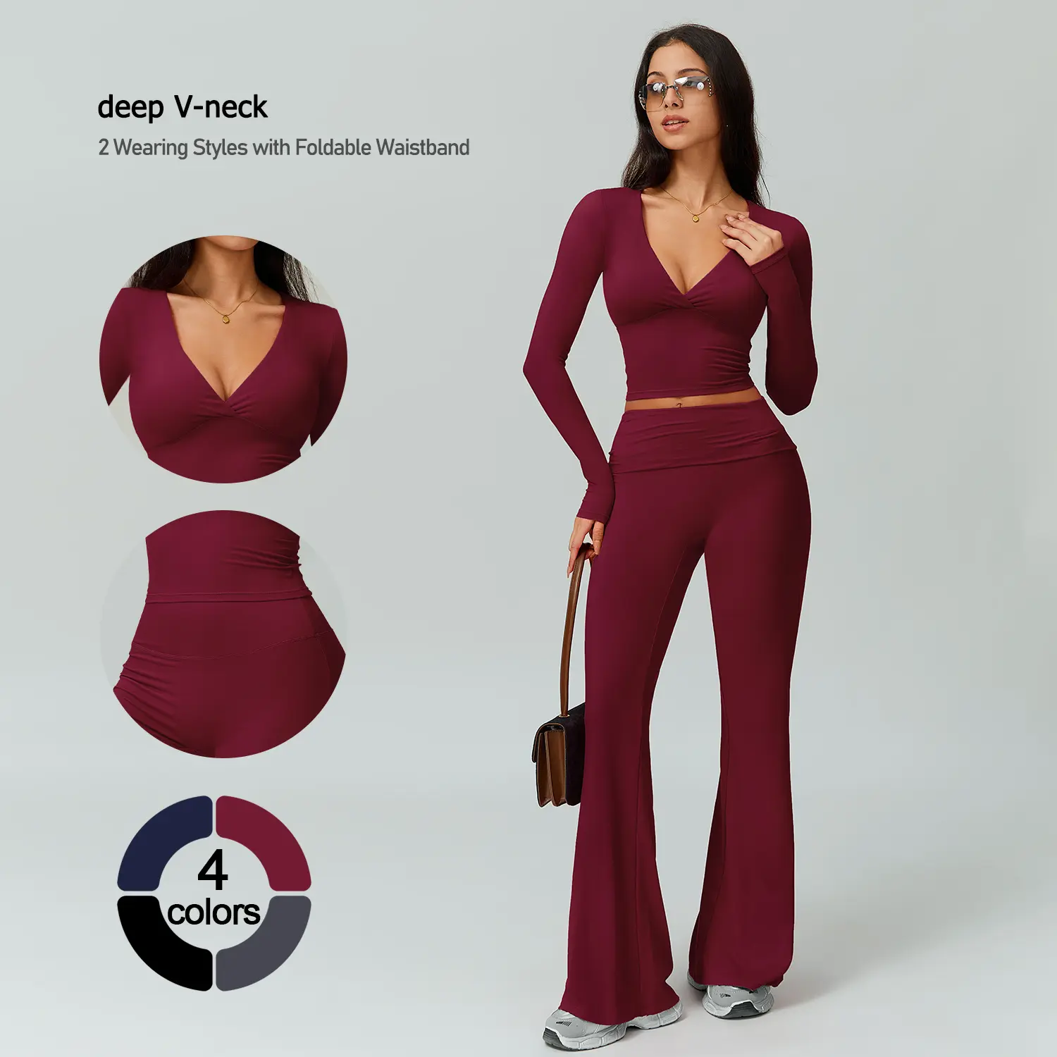 TIMEOFF Women's 2-Piece High Stretch Sporty Activewear Set - Long Sleeve Plunging V-Neck Top, Flipped Waist High-Waist Flared Leggings - Gymswear, Fitness Sport Outfits, Athleisure Wear Set for Yoga, Running, 2 Piece Sets, Workout Sets For Women
