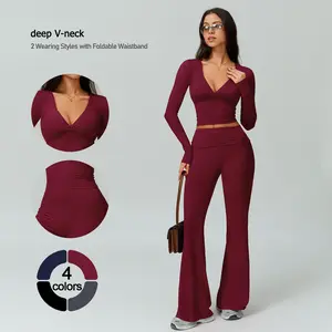 TIMEOFF Women's 2-Piece Long Sleeve Plunging V-Neck Set with Flipped Waist High-Waist Flared Leggings for Gym & Street Yoga Workout Activewear