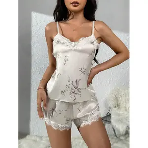 Women’s White Satin Pajama Set |   Floral Print, Eyelash Lace Trim, Bridal Lingerie Fabric Fit