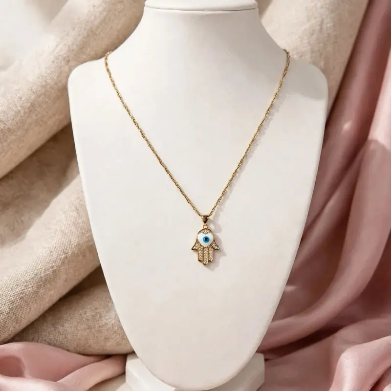 Collar Mano de Fátima con Ojo Turco Azul - Hamsa Necklace Dorado con Zirconias - Protección