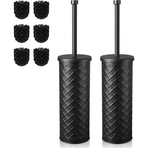 2 Pack Toilet Bowl Brush and Holder Set with 4 Extra Brush Heads, Extra Long Handle with Splash Guard Cover, Tool-Free Installation, Bathroom Space-Saving Cleaner Set for Apartments and RV (Black)