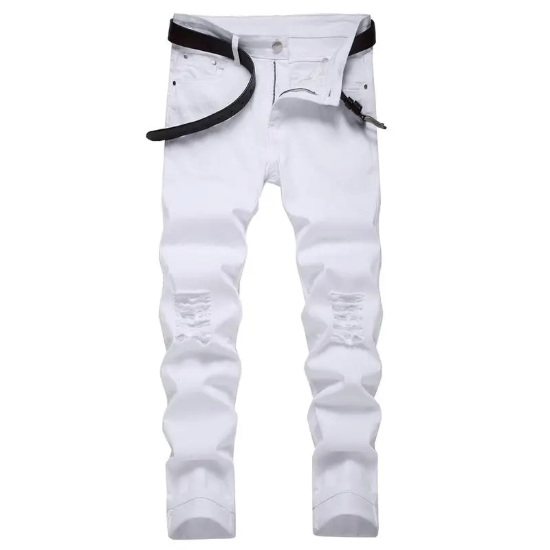 Men's Destroyed Skinny Jeans | Stretch Denim with Hole Details | Pencil Fit Streetwear Pants for Casual Styling Menswear Elastic