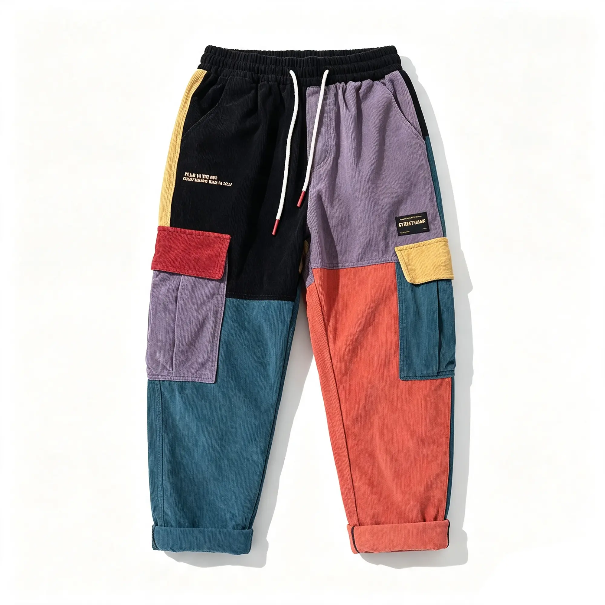 Niepce Streetwear Fashion Patchwork Colorful Cargo Pants Casual Relaxed Fit Man Corduroy Cloth Multicolor Trouser